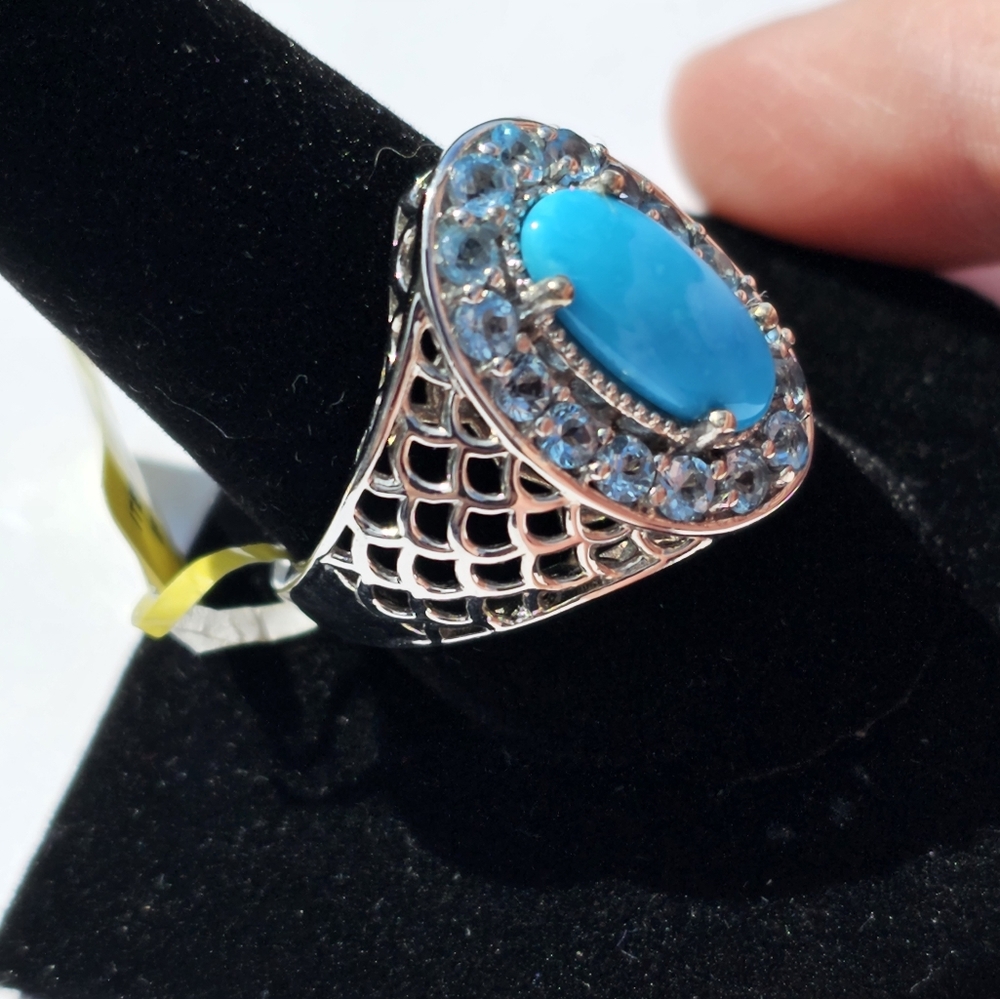 Sleeping Beauty Turquoise & Electric Blue Topaz Ring Platinum over 925 Size 10 - Picture 6 of 11